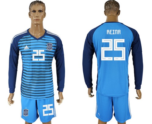 Spain #25 Reina Blue Goalkeeper Long Sleeves Soccer Country Jersey